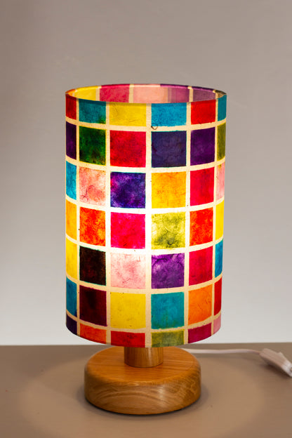 Round Oak Table Lamp with 20cm x 30cm Lamp Shade in P01 ~ Batik Multi Square