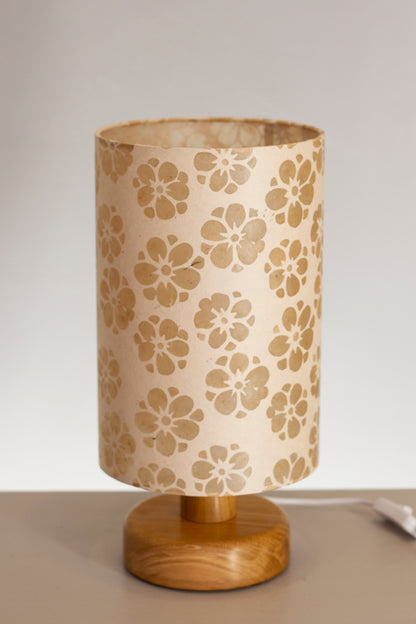 Round Oak Table Lamp with 20cm x 30cm Lamp Shade in P75 - Batik Star Flower Natural