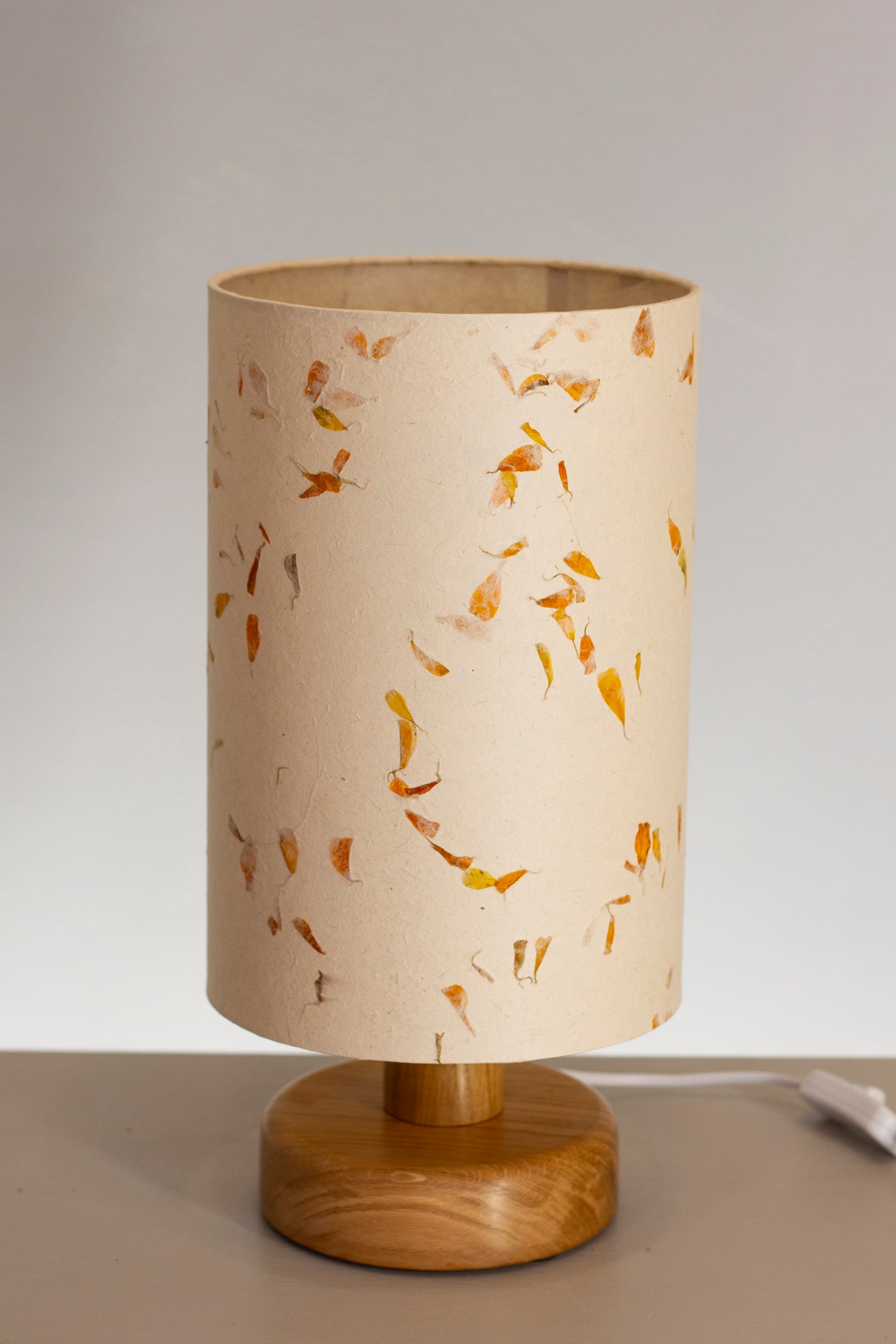 Round Oak Table Lamp with 20cm x 30cm Lamp Shade in P32 ~ Marigold Petals