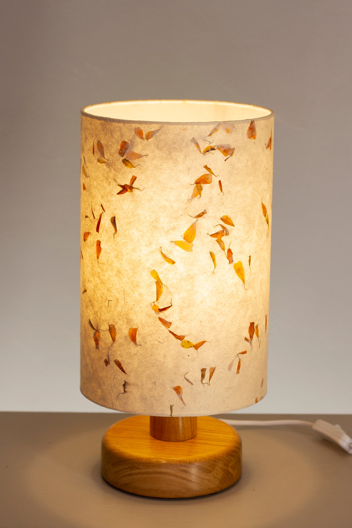 Round Oak Table Lamp with 20cm x 30cm Lamp Shade in P32 ~ Marigold Petals
