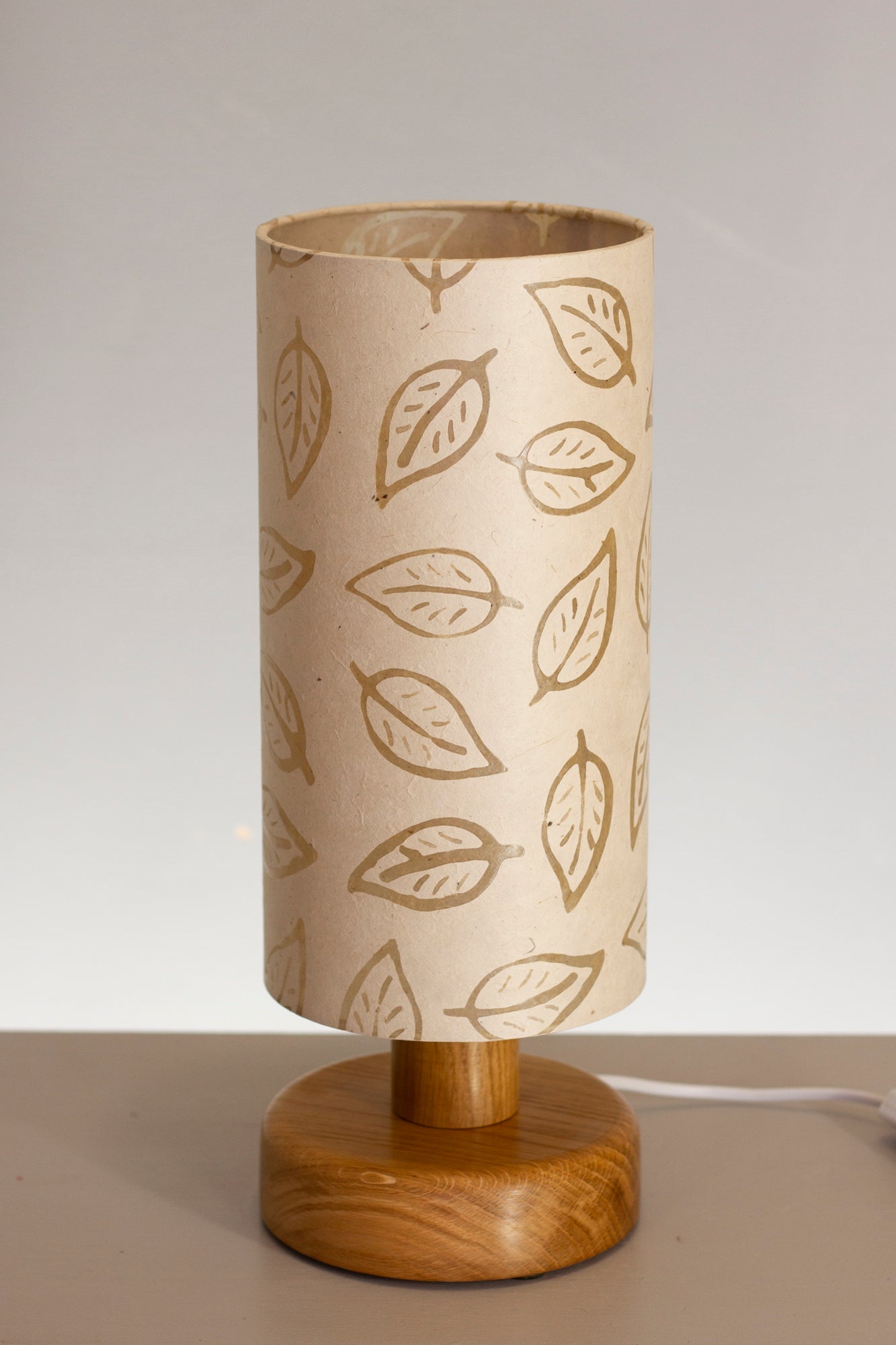 Round Oak Table Lamp with 15cm x 30cm Lamp Shade in (P28) Batik Leaf on Natural