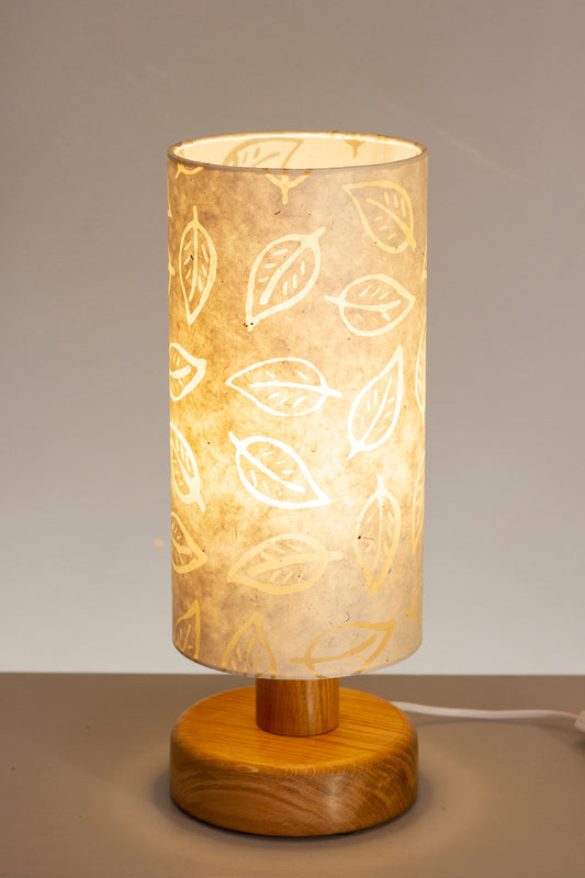 Round Oak Table Lamp with 15cm x 30cm Lamp Shade in (P28) Batik Leaf on Natural