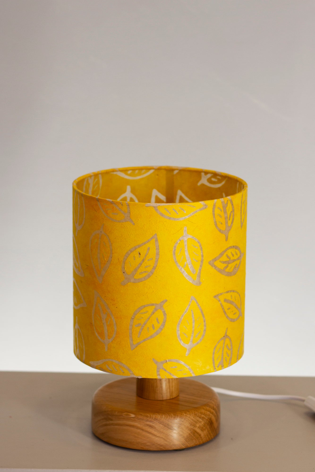 Round Oak Table Lamp with 20cm x 20cm Lamp Shade in B107 ~ Batik Leaf Yellow