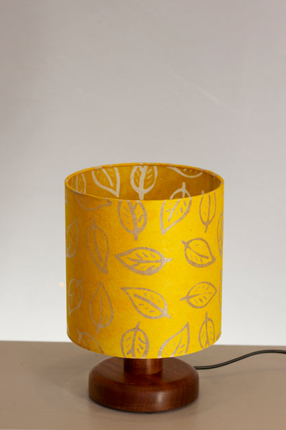 Round Sapele Table Lamp with 20cm x 20cm Lamp Shade in B107 ~ Batik Leaf Yellow