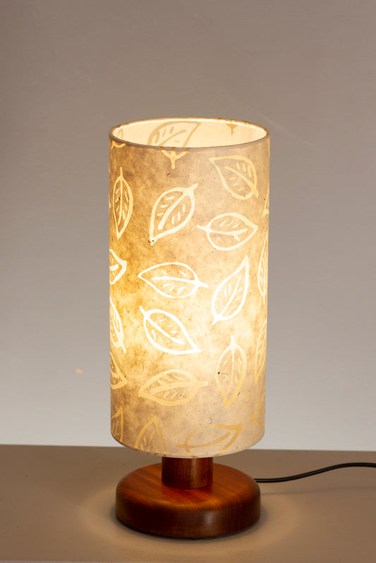 Round Sapele Table Lamp with 15cm x 30cm Lamp Shade in (P28) Batik Leaf on Natural