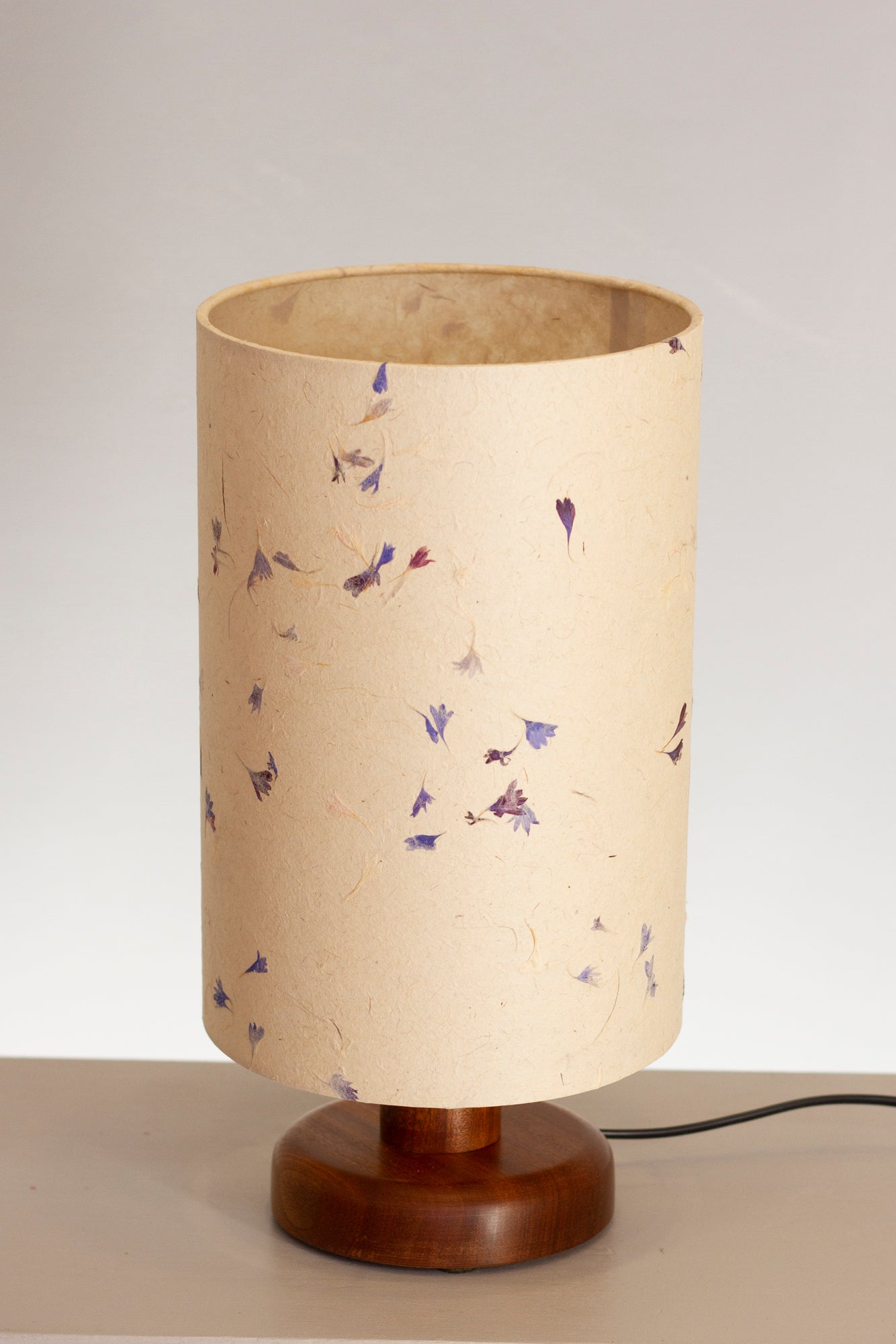 Round Sapele Table Lamp with 20cm x 30cm Lamp Shade in P34 ~ Cornflower Petals