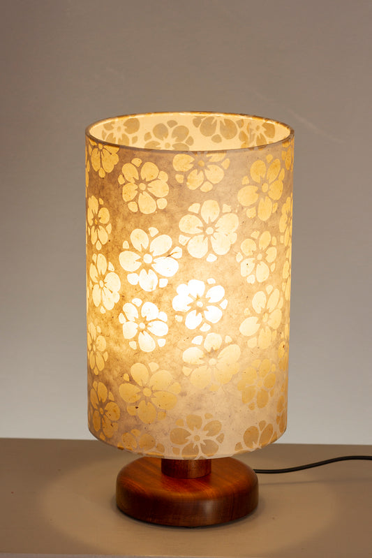 Round Sapele Table Lamp with 20cm x 30cm Lamp Shade in P75 - Batik Star Flower Natural
