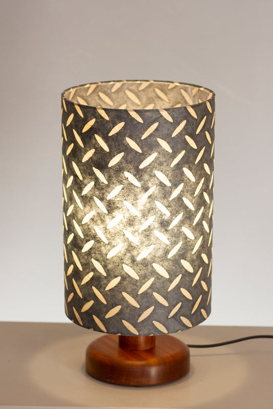 Round Sapele Table Lamp with 20cm x 30cm Lamp Shade in P88 ~ Batik Tread Plate Grey