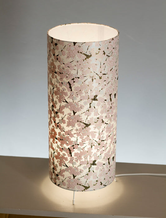 Free Standing Table Lamp Large - W02 - Pink Cherry Blossom on Grey Screen Printed Washi