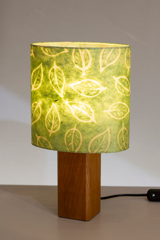 Square Oak Table Lamp with Oval Lamp Shade P29 ~ Batik Leaf on Green