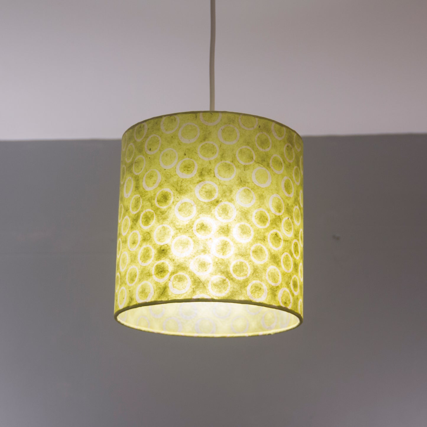 Drum Lamp Shade - P02 - Batik Lime Circles, 35cm(d) x 20cm(h)