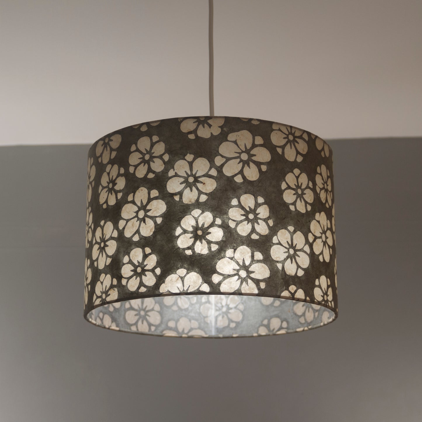 Drum Lamp Shade - P77 - Batik Star Flower Grey, 30cm(d) x 20cm(h)