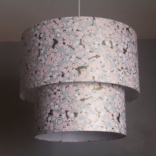 2 Tier Lamp Shade - W02 - Pink Cherry Blossom on Grey, 40cm x 20cm & 30cm x 15cm