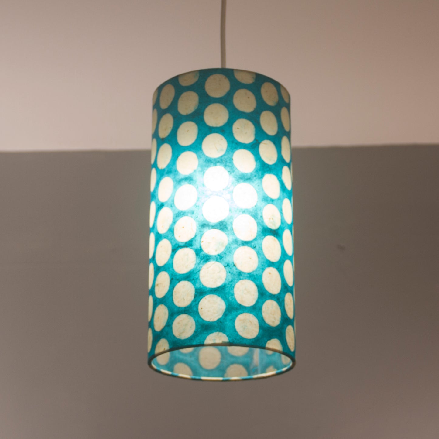 Oval Lamp Shade - P97 - Batik Dots on Cyan, 20cm(w) x 30cm(h) x 13cm(d)