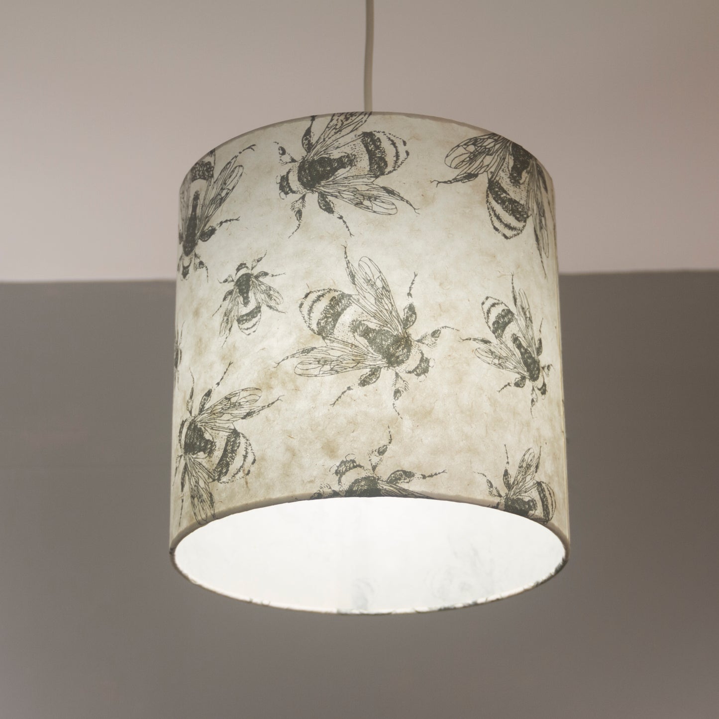 Oval Lamp Shade - P42 - Bees Screen Print on Natural Lokta, 20cm(w) x 30cm(h) x 13cm(d)