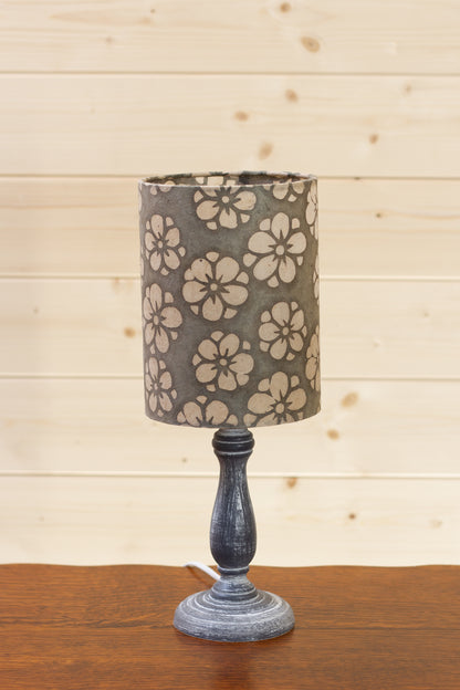 Paros Wooden Table Lamp with a Drum Shade in P77 ~ Batik Star Flower Grey