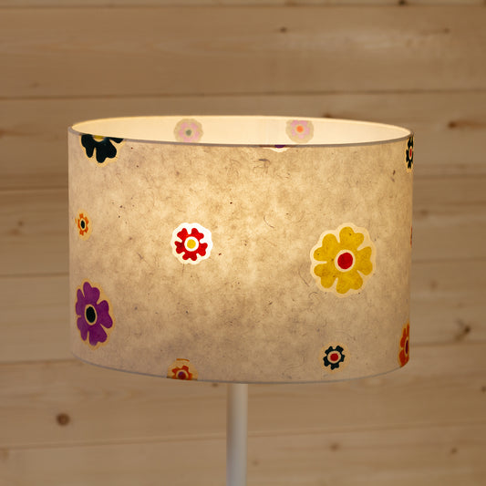 Oval Lamp Shade - P35 - Batik Multi Flower on Natural, 30cm(w) x 20cm(h) x 22cm(d)