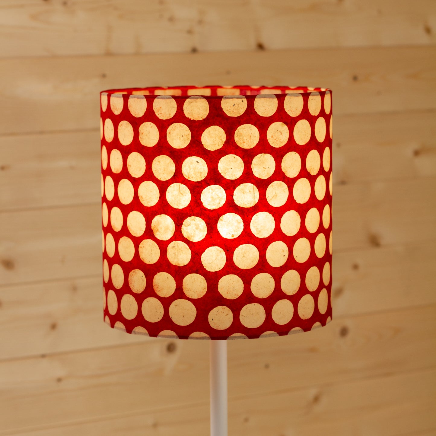 Drum Lamp Shade - P84 - Batik Dots on Red, 25cm x 25cm