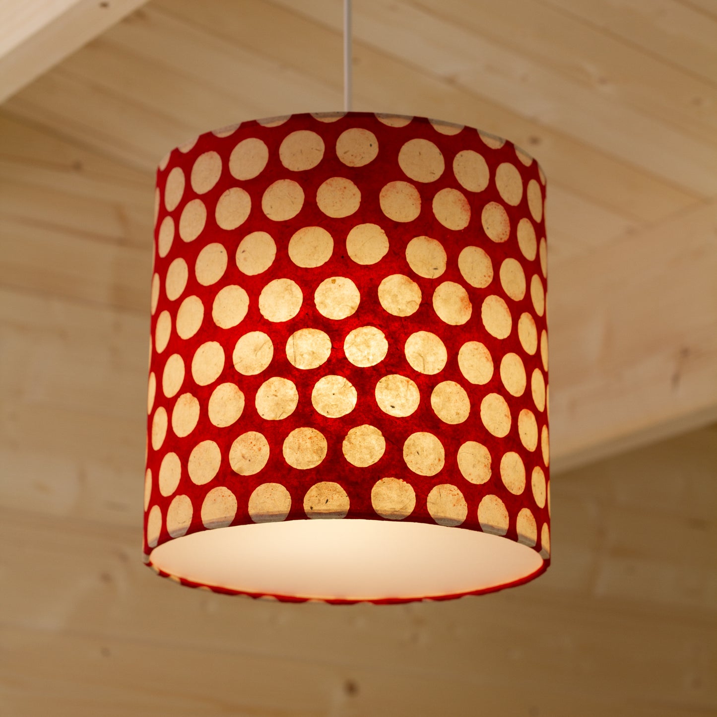 Drum Lamp Shade - P84 - Batik Dots on Red, 25cm x 25cm