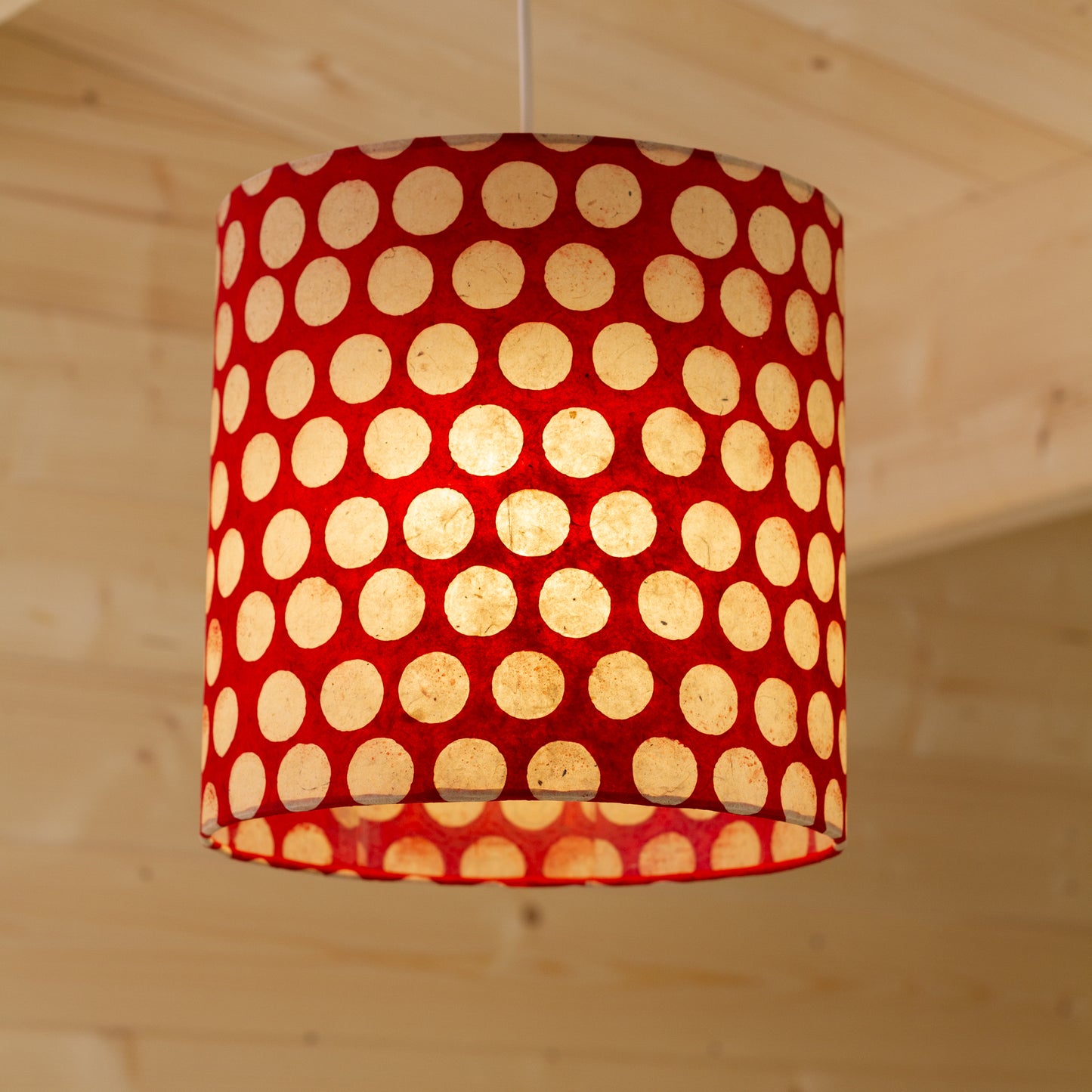 Drum Lamp Shade - P84 - Batik Dots on Red, 25cm x 25cm