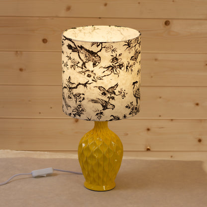 Yarra Ceramic Table Lamp Yellow - Drum Lampshade (20cm x 20cm) in P41 - Oriental Birds
