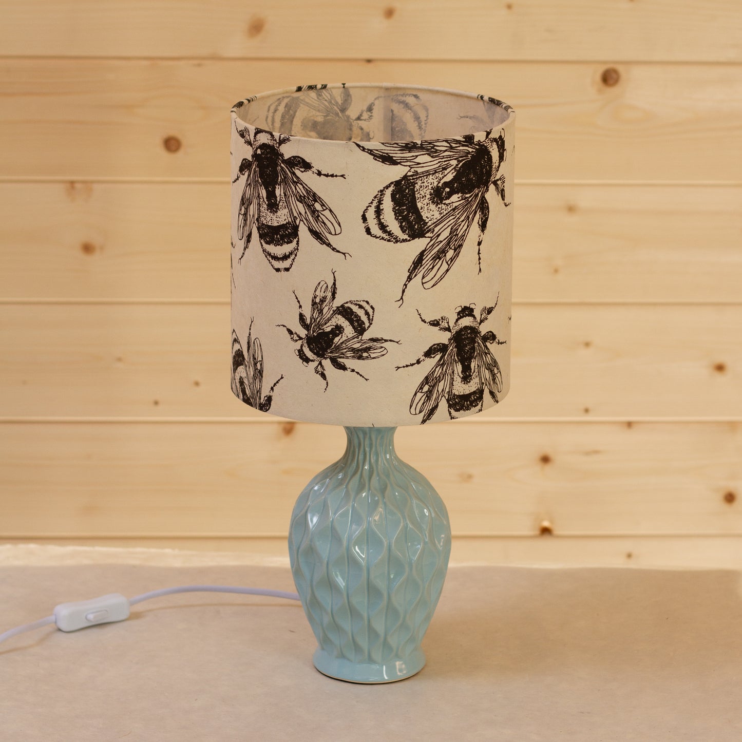 Yarra Ceramic Table Lamp Duckegg Blue - Drum Lampshade (20cm x 20cm) in P42 Bees