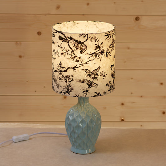 Yarra Ceramic Table Lamp Duckegg Blue - Drum Lampshade (20cm x 20cm) in P41 - Oriental Birds