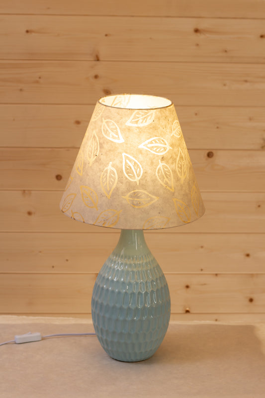 Yarra Ceramic Table Lamp Large Duckegg Blue - Conical Lampshade in P28 ~ Batik Leaf on Natural