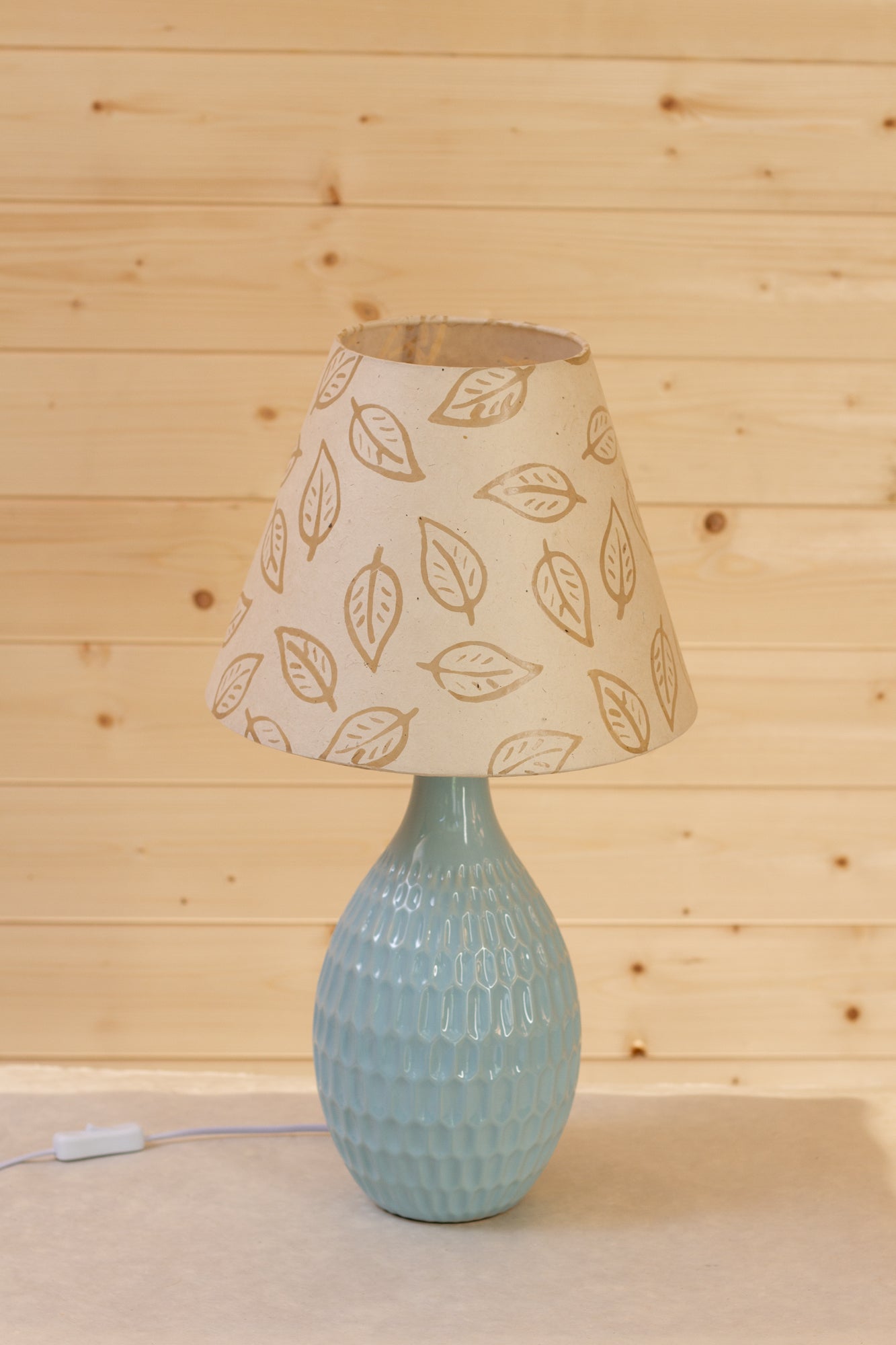 Yarra Ceramic Table Lamp Large Duckegg Blue - Conical Lampshade in P28 ~ Batik Leaf on Natural