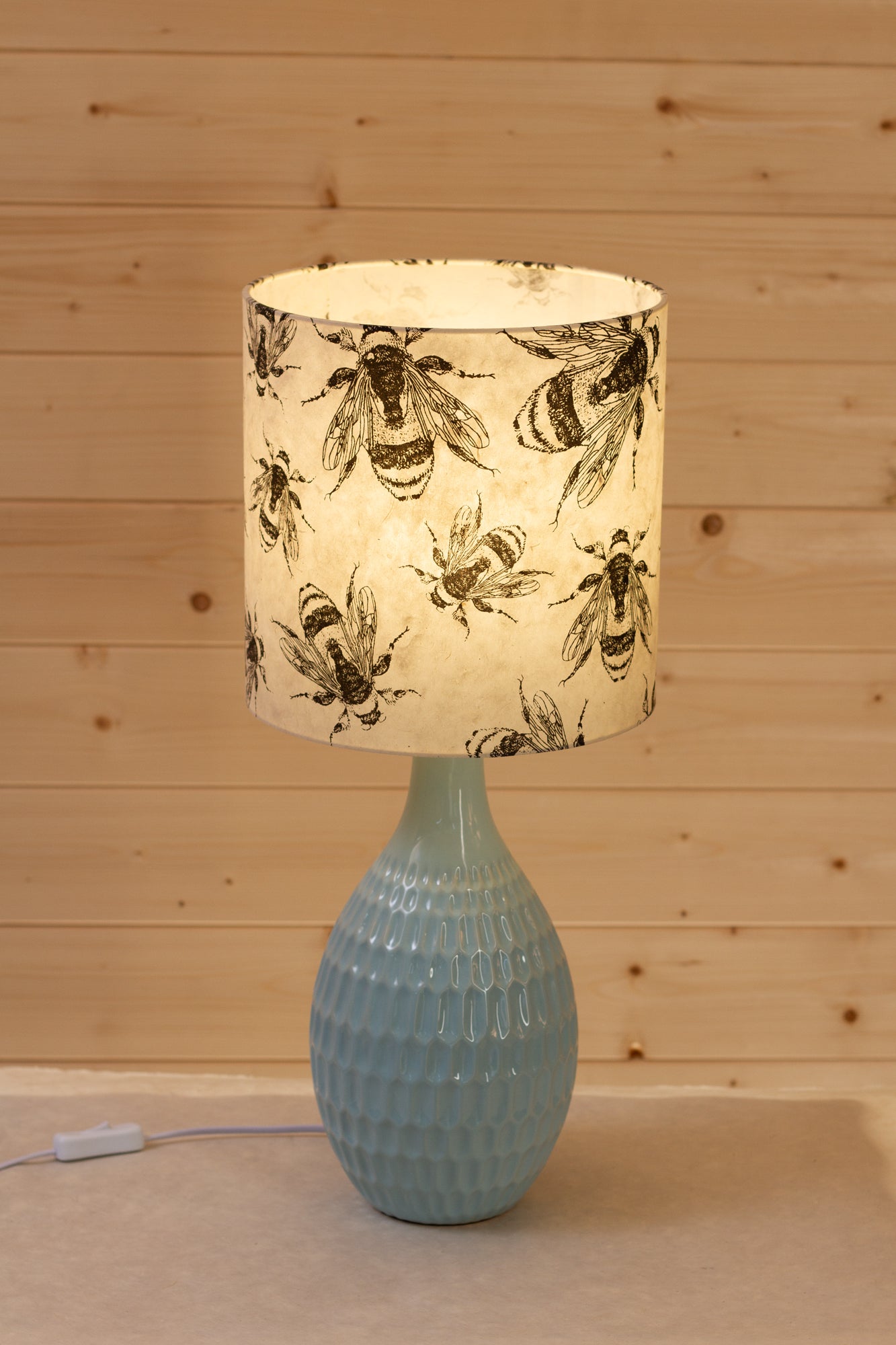 Yarra Ceramic Table Lamp Large Duckegg Blue - Drum Lampshade (25cm x 25cm) in P42 Bees