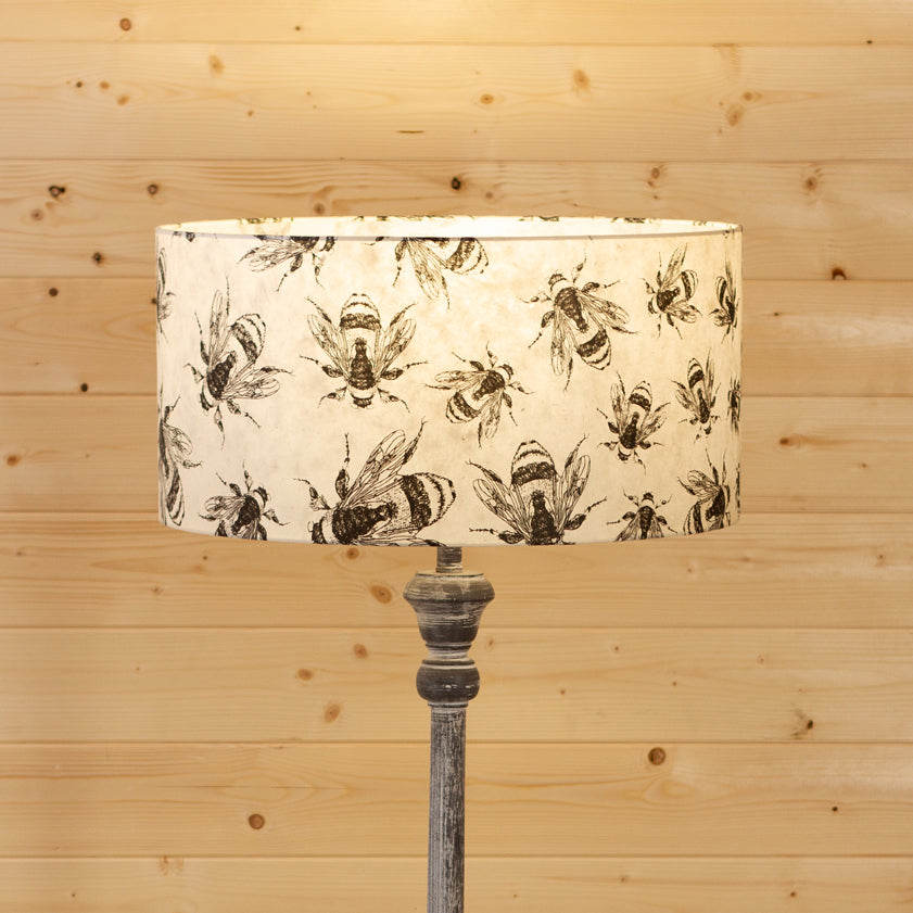 Drum Lamp Shade - P42 - Bees Screen Print on Natural Lokta, 50cm(d) x 25cm(h)