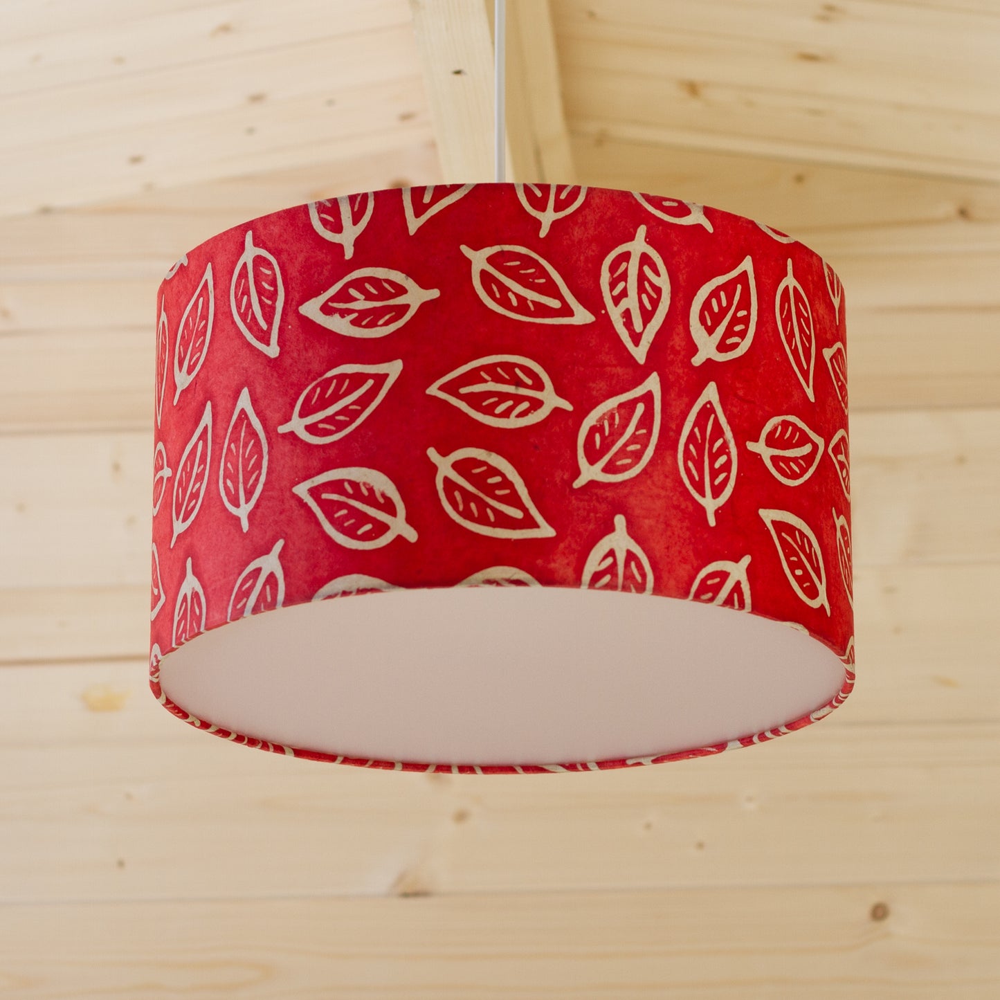 Drum Lamp Shade - P30 - Batik Leaf on Red, 35cm(d) x 20cm(h)