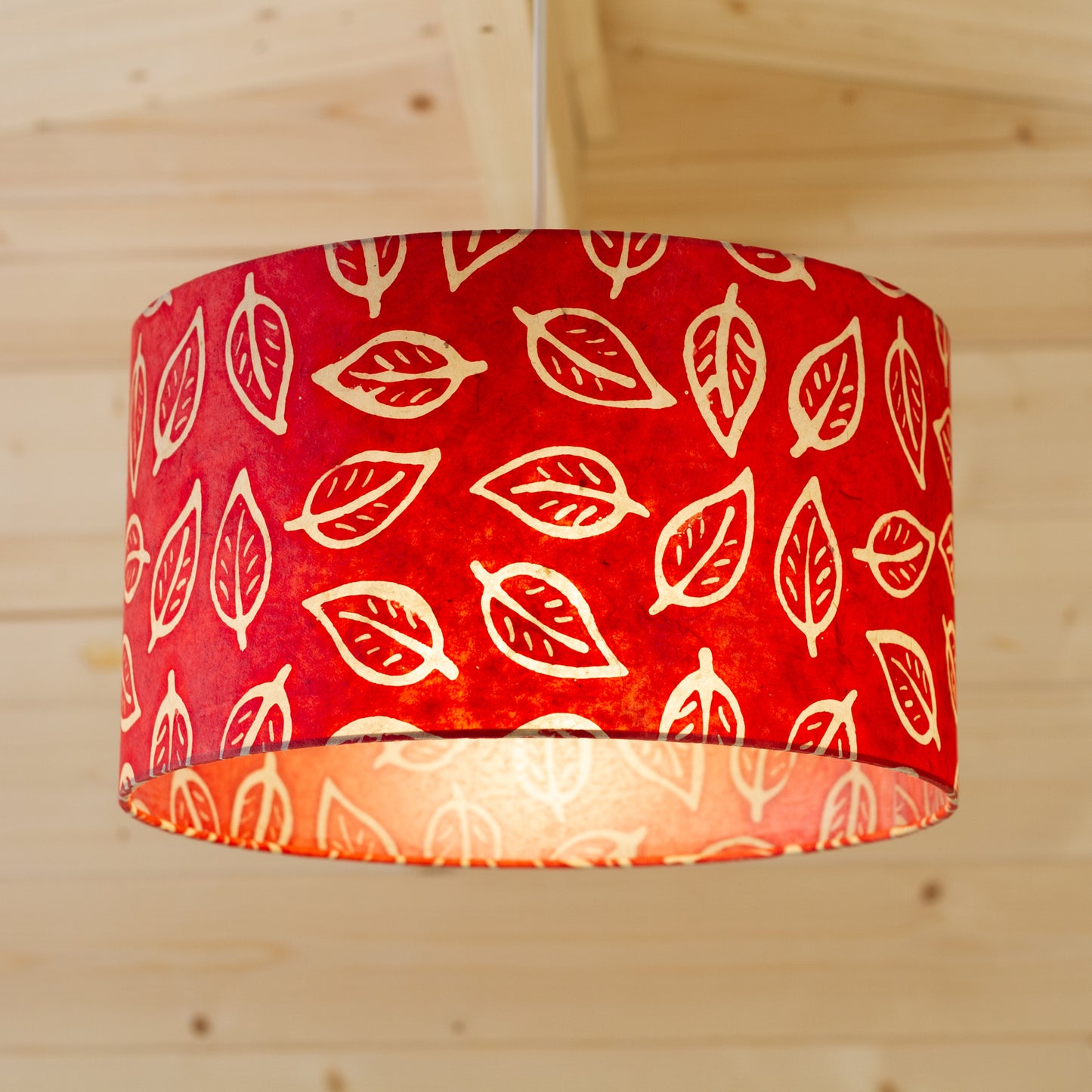Drum Lamp Shade - P30 - Batik Leaf on Red, 35cm(d) x 20cm(h)