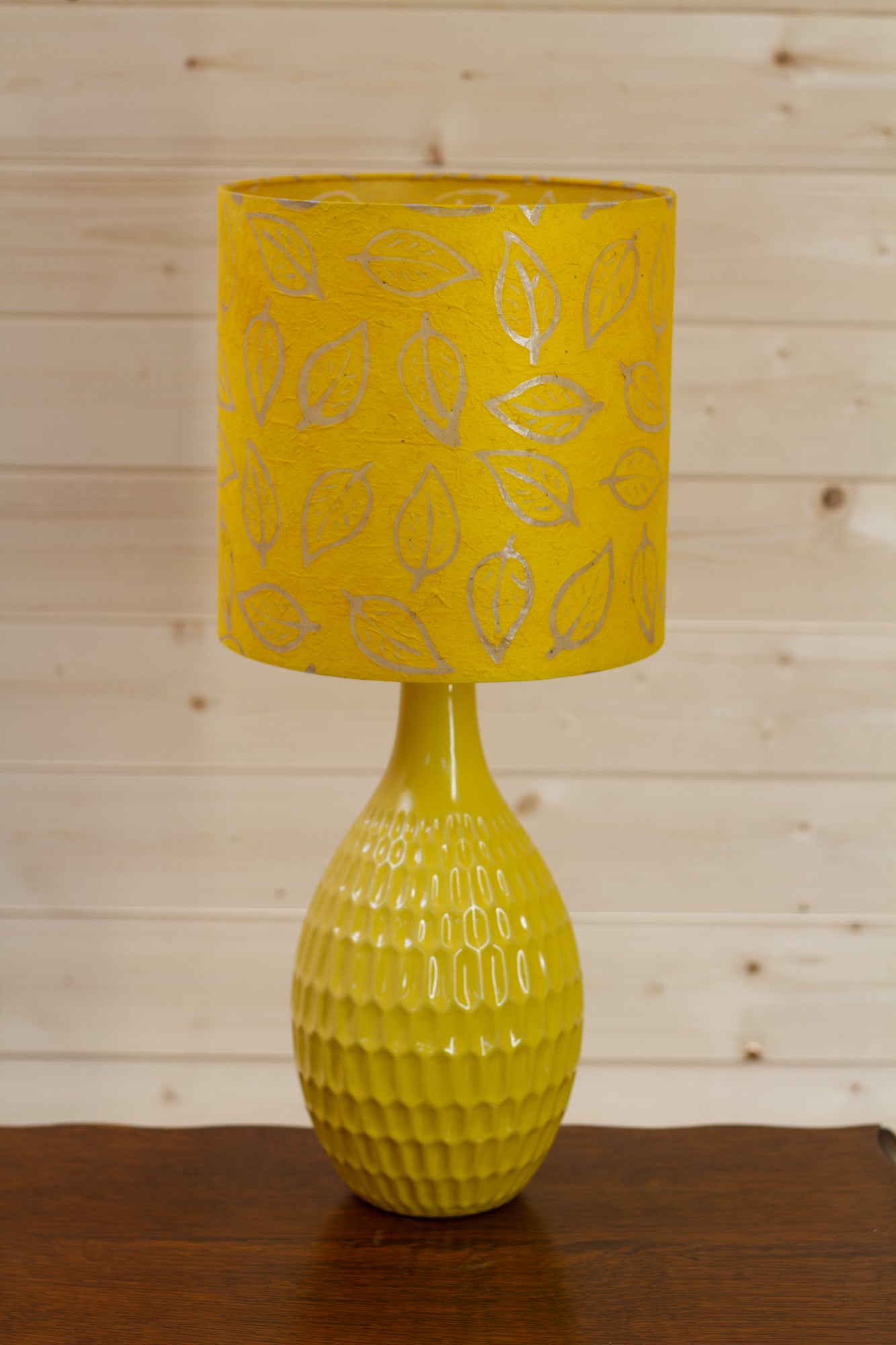 Yarra Ceramic Table Lamp Large Yellow - Drum Lampshade (25cm x 25cm) in B107 Batik Leaf Yellow