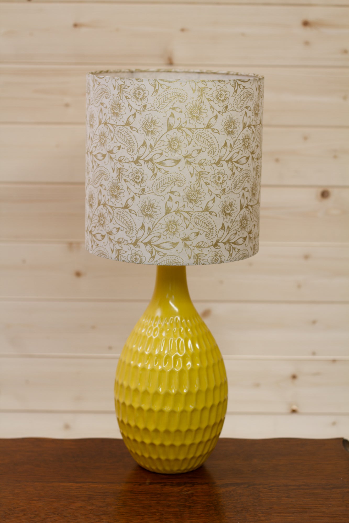 Yarra Ceramic Table Lamp Large Yellow - Drum Lampshade (25cm x 25cm) in P69 ~ Garden Gold on Natural
