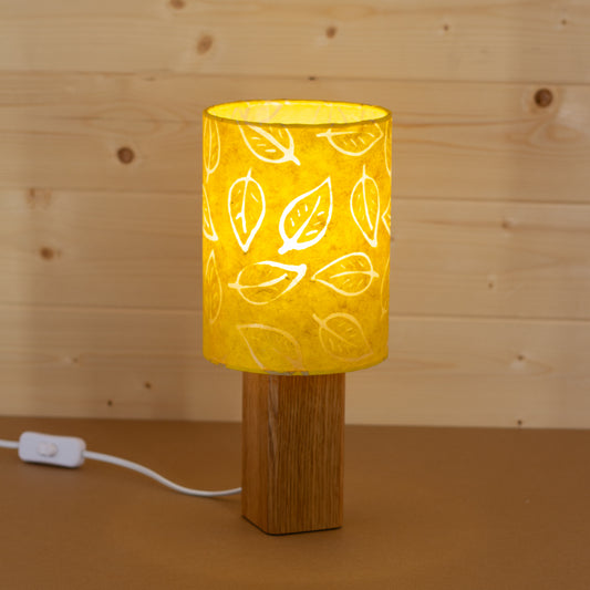 Lit Square Oak Table Lamp with 15x20cm Batik Leaf Yellow Handmade by imbue Lighting in the UK