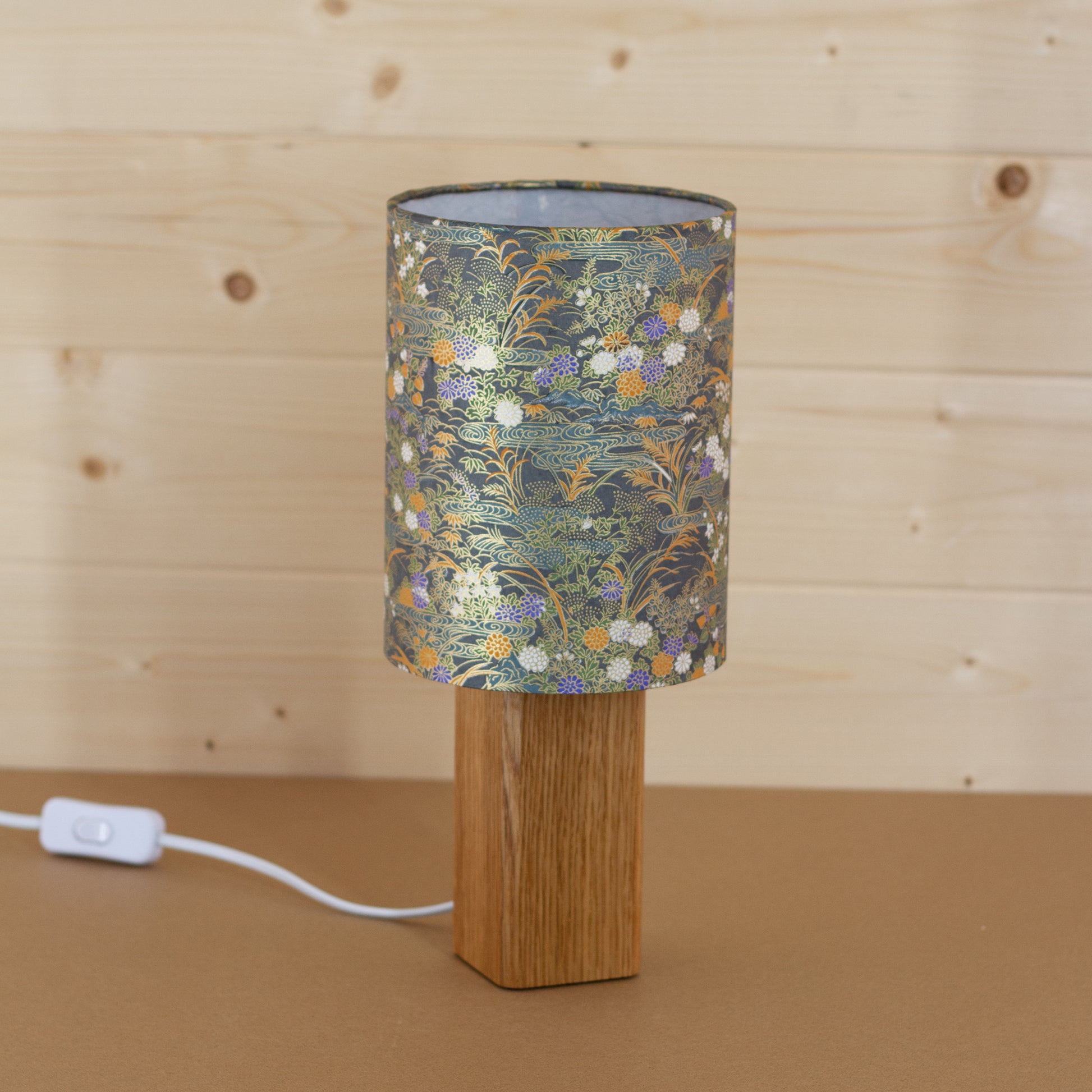 Lily Pond Yuzen Washi Oak Table Lamp, Handmade by Imbue Lighting on the Isle of Anglesey, Wales