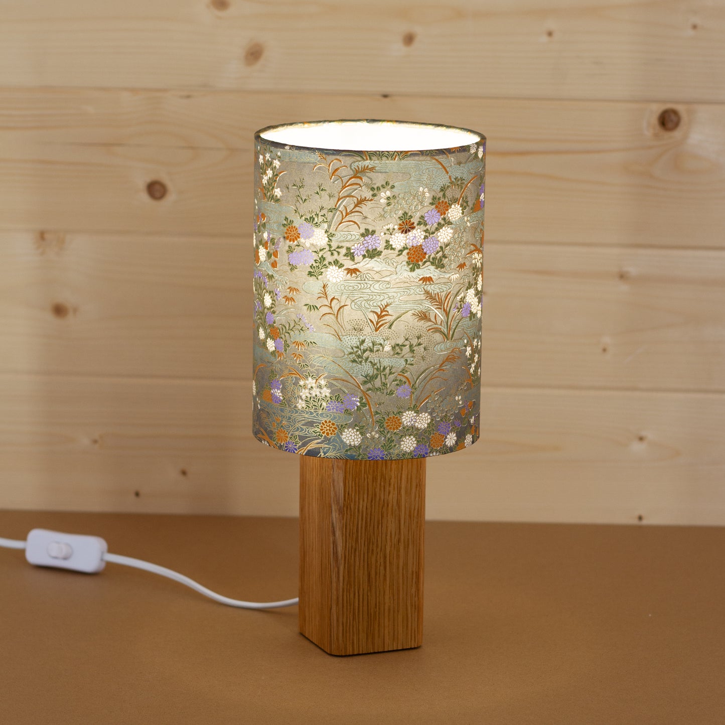 Lit Lily Pond Yuzen Washi Oak Table Lamp, Handmade by Imbue Lighting on the Isle of Anglesey, Wales