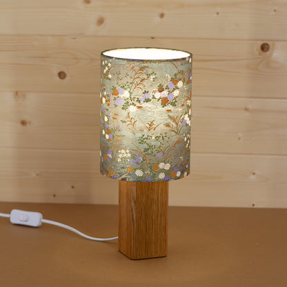 Lit Lily Pond Yuzen Washi Oak Table Lamp, Handmade by Imbue Lighting on the Isle of Anglesey, Wales