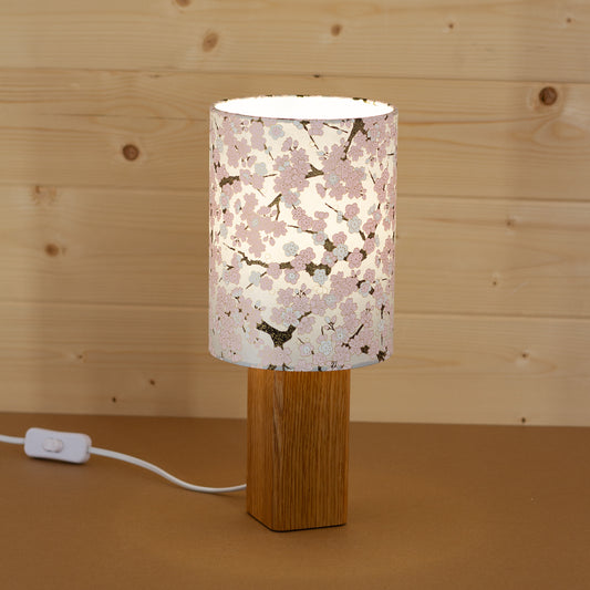 Lit Oak Square Table Lamp in Cherry Blossom Yuzen Washi, Handmade by Imbue Lighting on the Isle of Anglesey, Wales