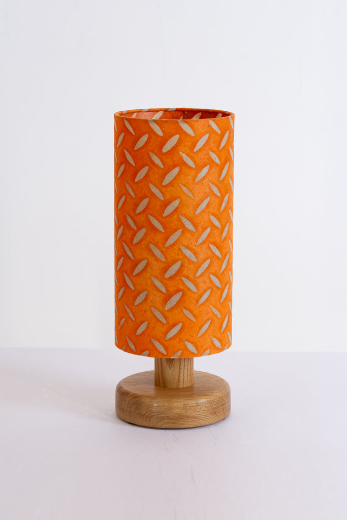 Round Oak Table Lamp (15cm) with 15cm x 30cm Drum Lampshade in P91 - Batik Tread Plate Orange