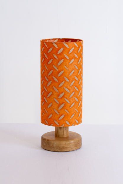 Round Oak Table Lamp (15cm) with 15cm x 30cm Drum Lampshade in P91 - Batik Tread Plate Orange
