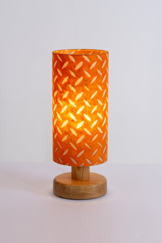 Round Oak Table Lamp (15cm) with 15cm x 30cm Drum Lampshade in P91 - Batik Tread Plate Orange