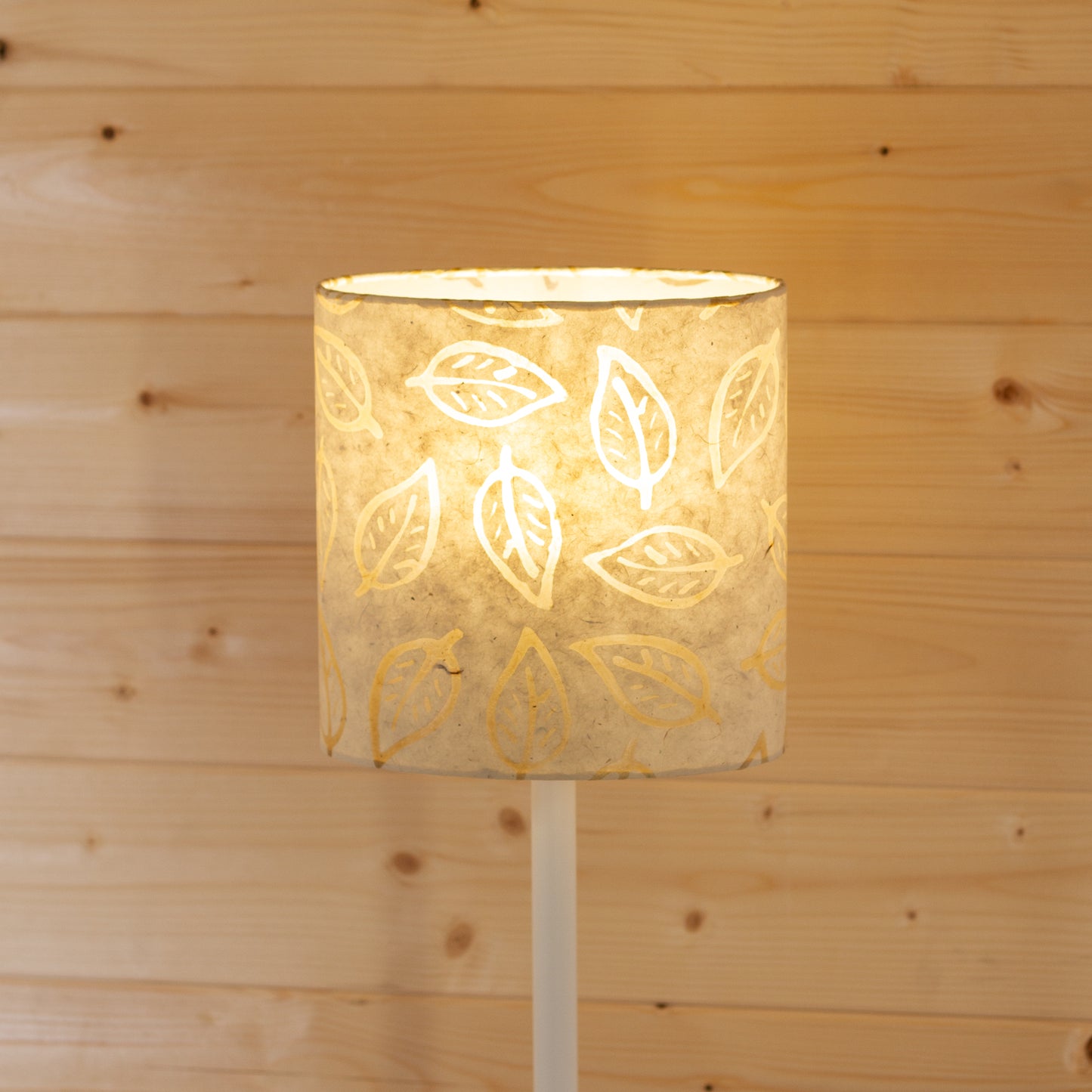 Lit Oval Table Lampshade in Natural Batik Leaf Handmade by Imbue Lighting