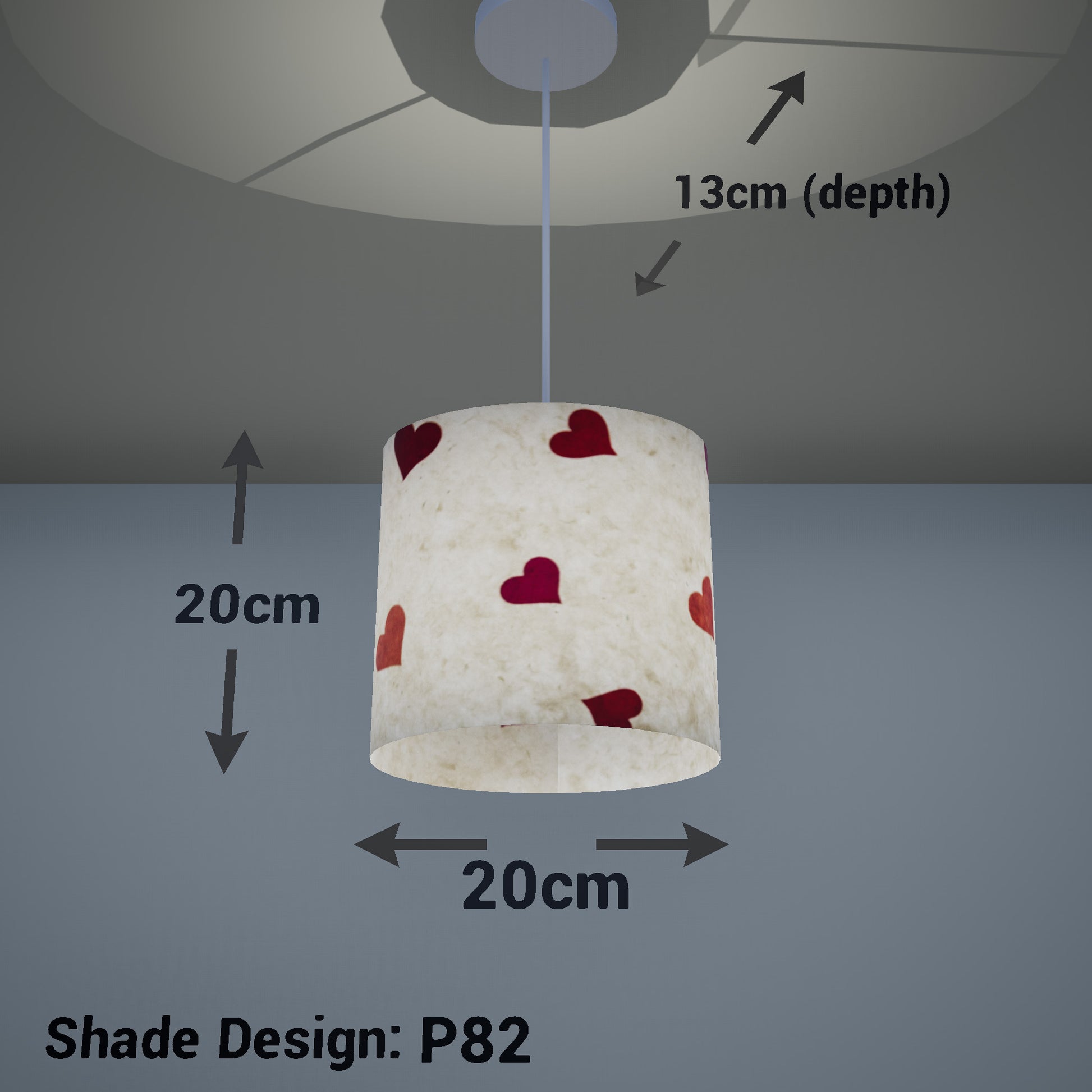 Oval Lamp Shade - P82 ~ Hearts on Lokta Paper, 20cm(w) x 20cm(h) x 13cm(d) - Imbue Lighting