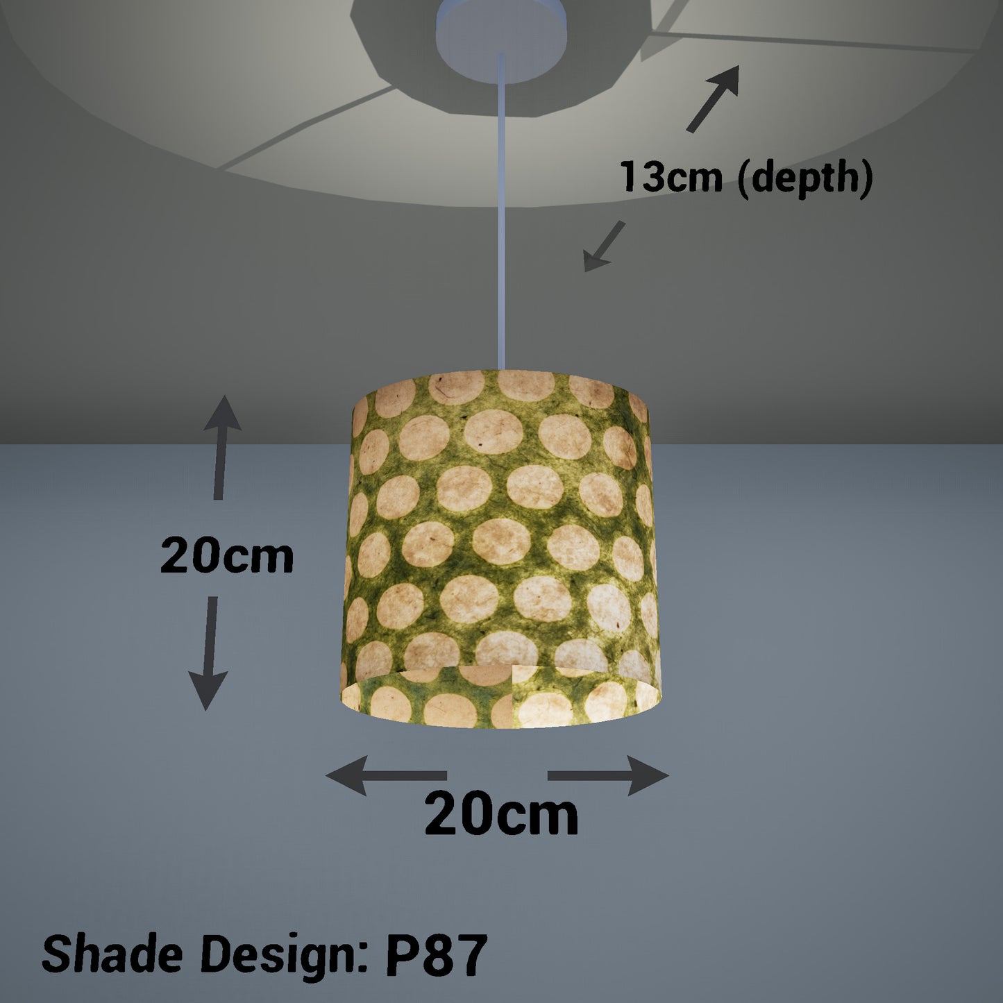 Oval Lamp Shade - P87 ~ Batik Dots on Green, 20cm(w) x 20cm(h) x 13cm(d)