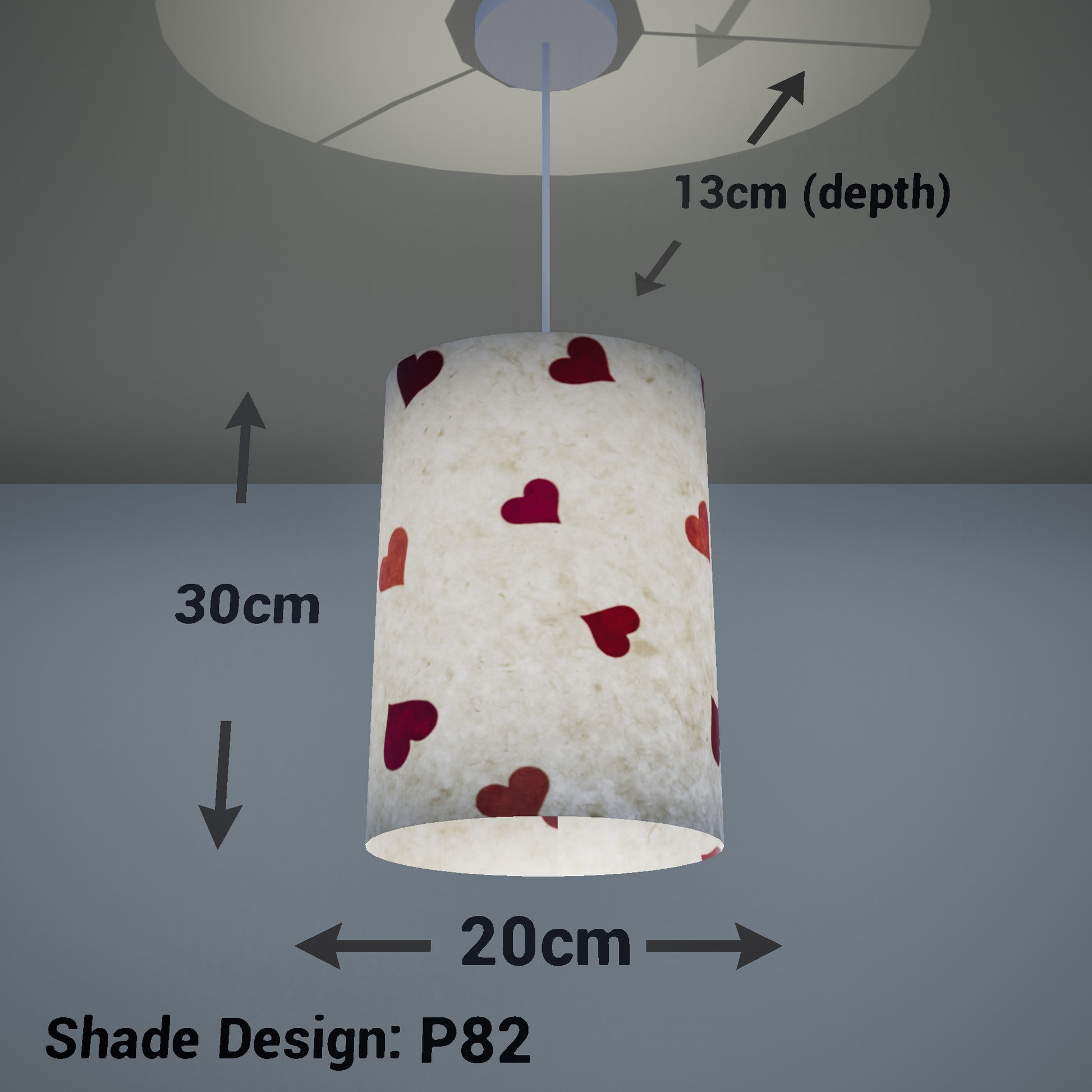 Oval Lamp Shade - P82 ~ Hearts on Lokta Paper, 20cm(w) x 30cm(h) x 13cm(d) - Imbue Lighting