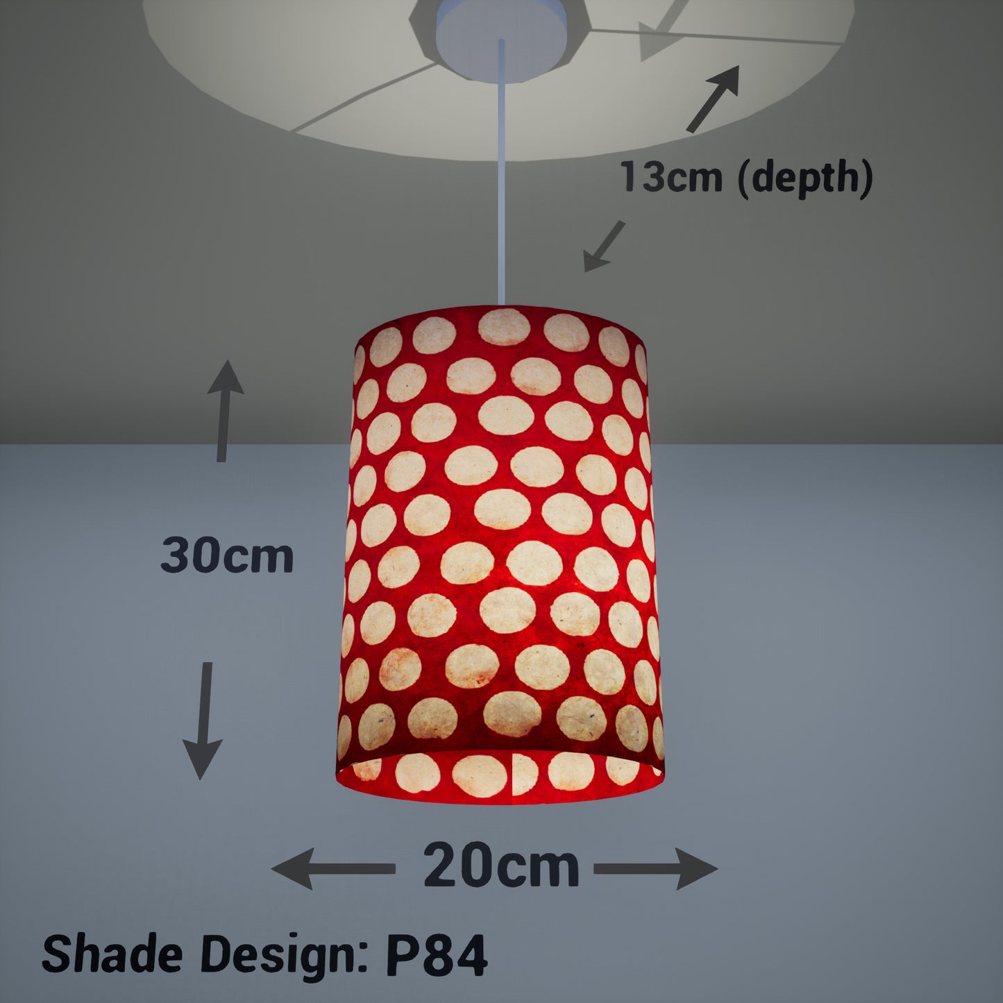 Oval Lamp Shade - P84 ~ Batik Dots on Red, 20cm(w) x 30cm(h) x 13cm(d)