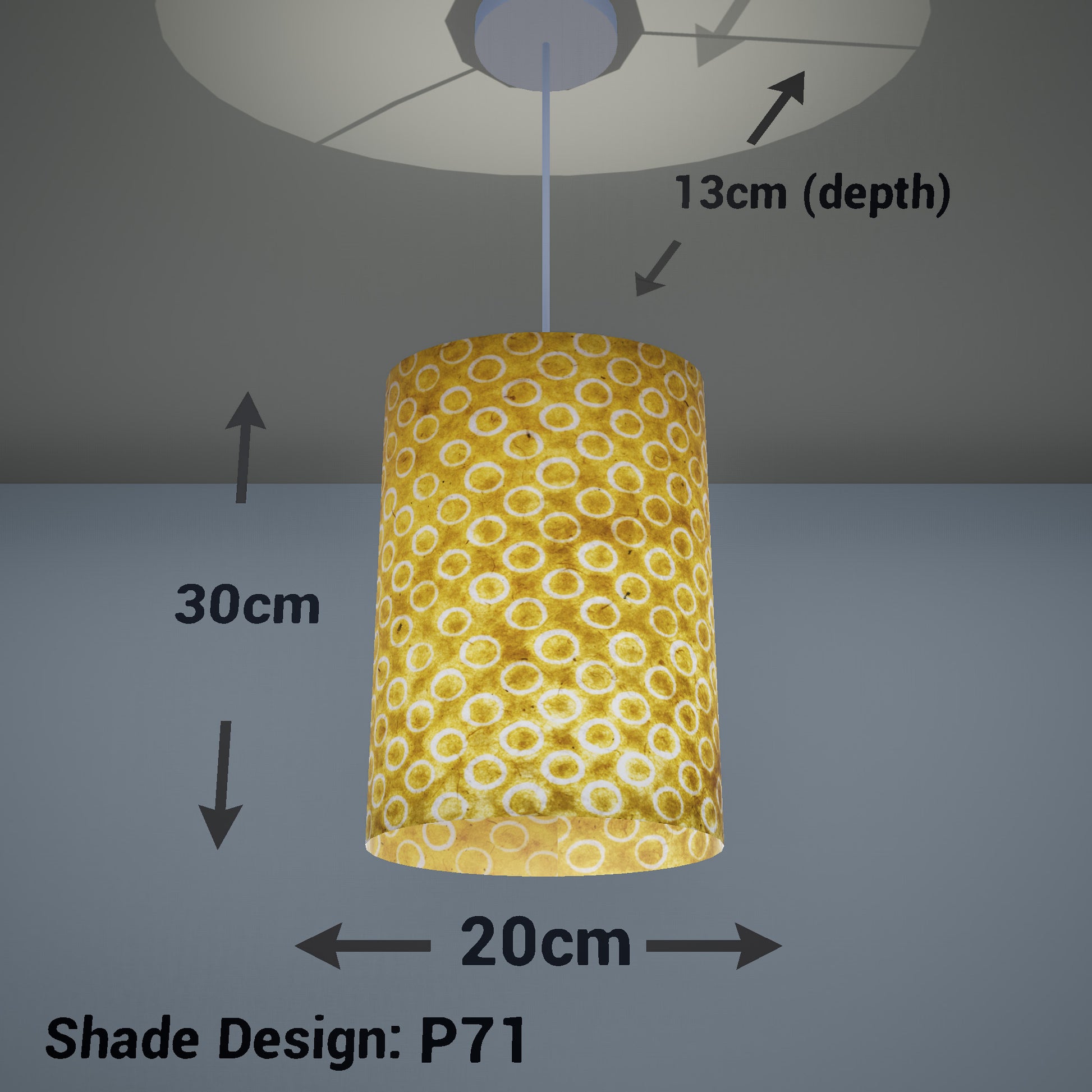 Oval Lamp Shade - P71 - Batik Yellow Circles, 20cm(w) x 30cm(h) x 13cm(d) - Imbue Lighting