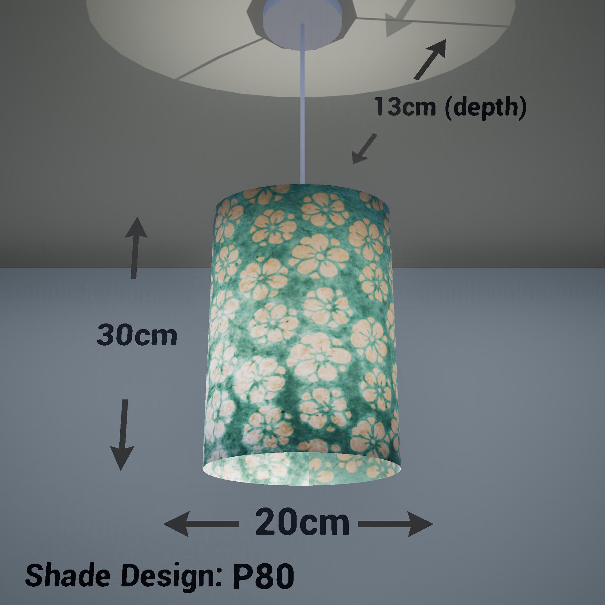 Oval Lamp Shade - P80 ~ Batik Star Flower Mint Green, 20cm(w) x 30cm(h) x 13cm(d) - Imbue Lighting